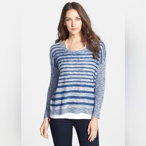 EILEEN FISHER Navy Blue Organic Linen Cotton Sweater Sz Small Striped Boxy Light